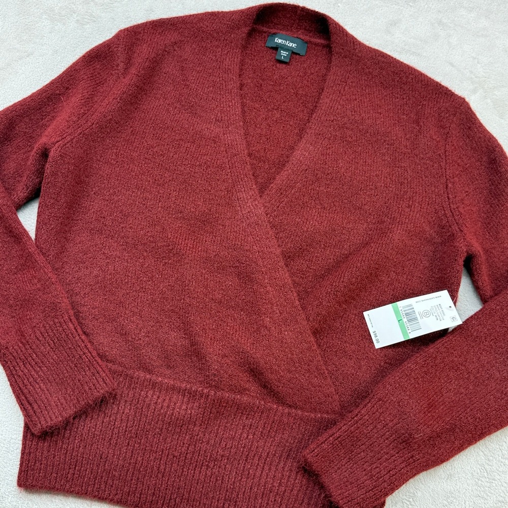 Karen Kane Wrap Front Sweater Womens L Wine Red Surplice Wool Blend Quiet Luxury